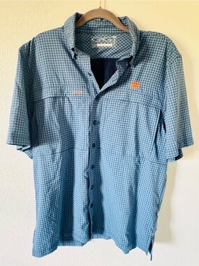 Game Guard Blue Gingham Short-Sleeve Button-Down Shirt with Orange Logo Size Lg